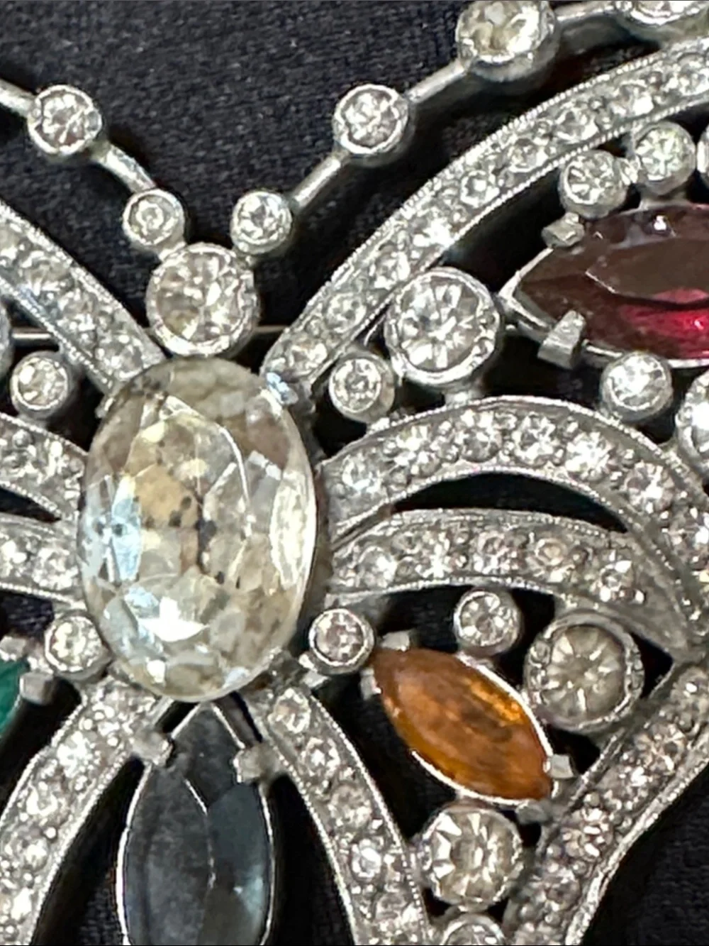 Pot Metal Butterfly Large Brooch w/Multicolor Prong set & Bezel set Rhinestones